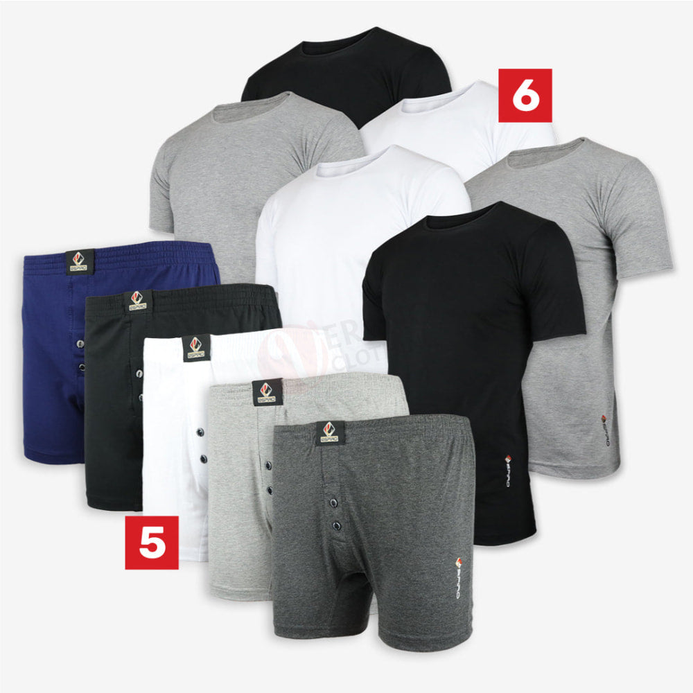 Espiro Lot 5 Caleçons + 6 Tshirts 100% Coton Pack
