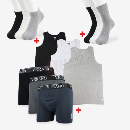 VERANO Lot 3 Boxers bande+3 Débardeurs+6 Chaussettes Sport - Coton Doux