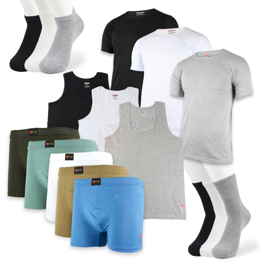 VERANO Lot 3 T-shirts + 5 Boxers +3 Débardeurs - Coton Confort Avec chaussettes / M / 39-42 PACK